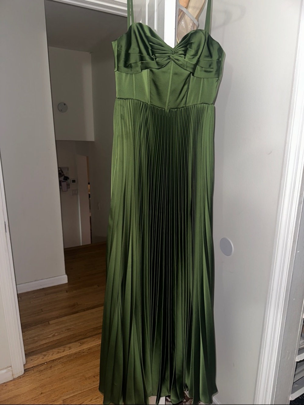 Olive Green Pleated Maxi Dress - Sleeveless Spaghetti Strap - Picture 6 of 7